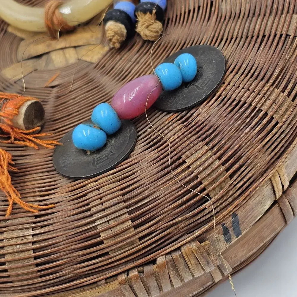 VTG 1950s Chinese Wicker Bamboo Sewing Basket w Colorful Beads Jadeite Tassels